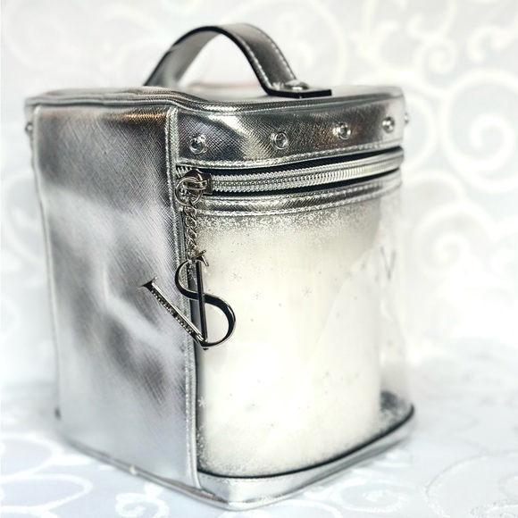NEW Victoria's Secret Bling Rhinestone Silver Winter Cosmetic Train Case Bag - Picture 3 of 4